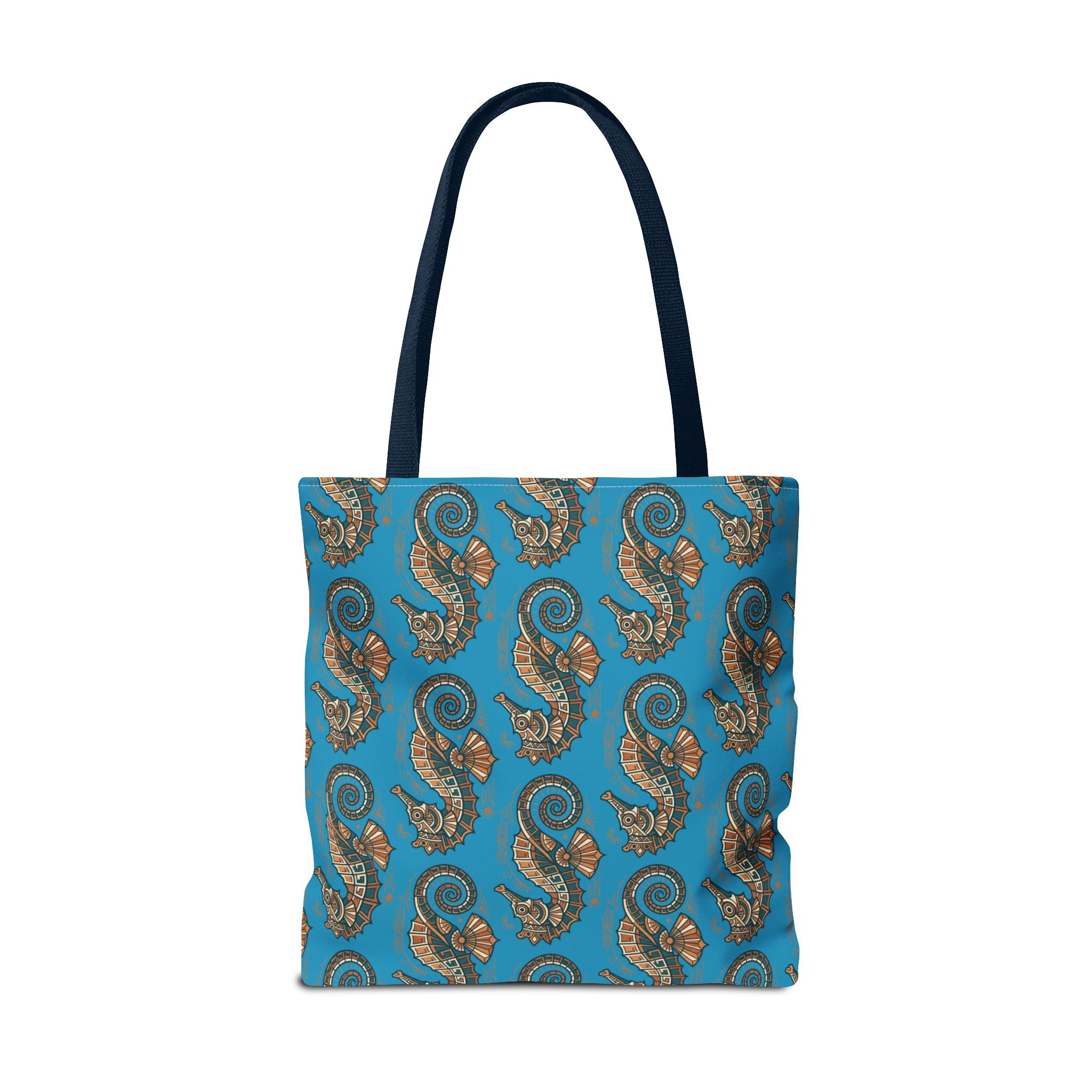 Ocean-blue tote bag with repeated steampunk seahorse pattern and navy handles