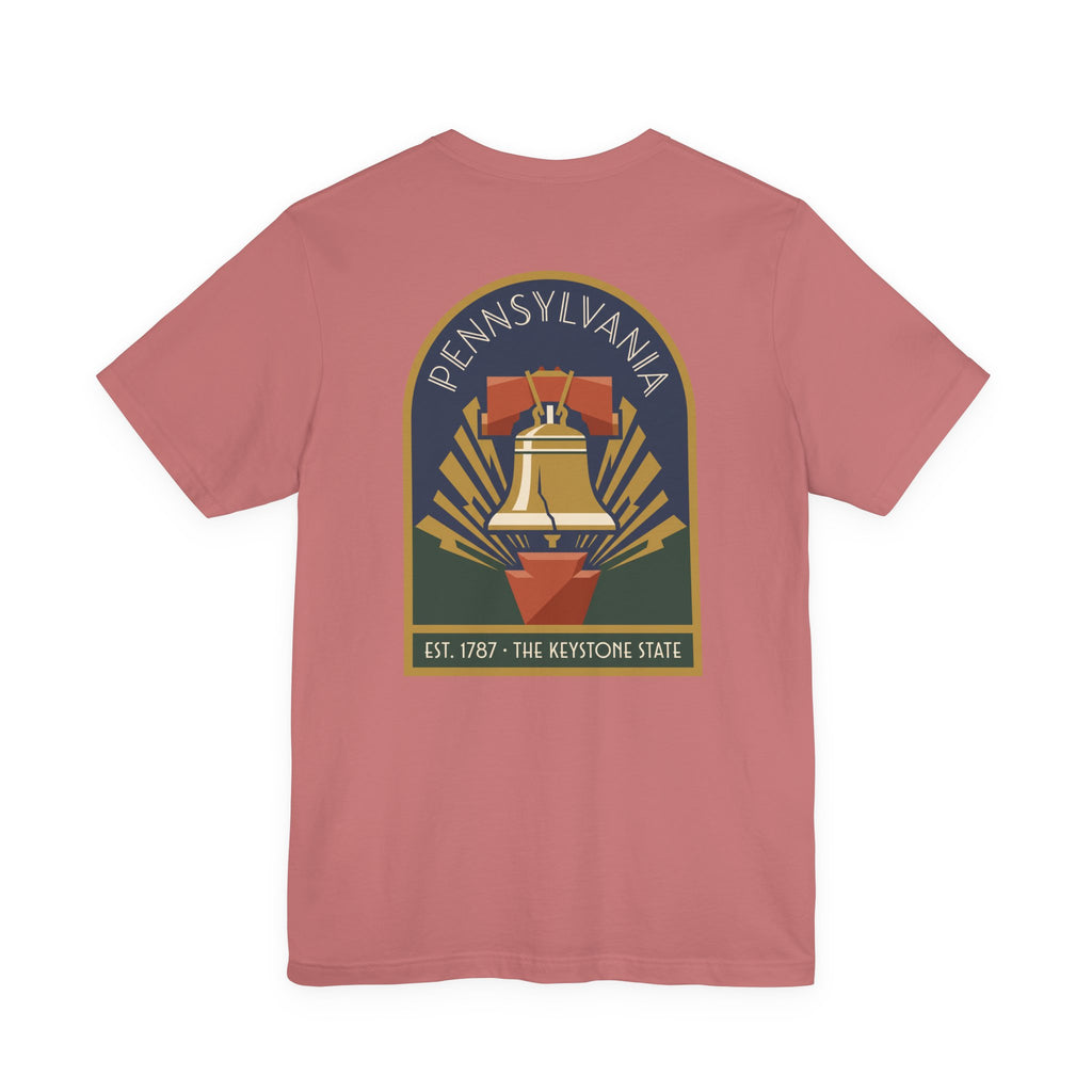 Dusty pink T-shirt with large Keystone State Liberty Bell graphic on back