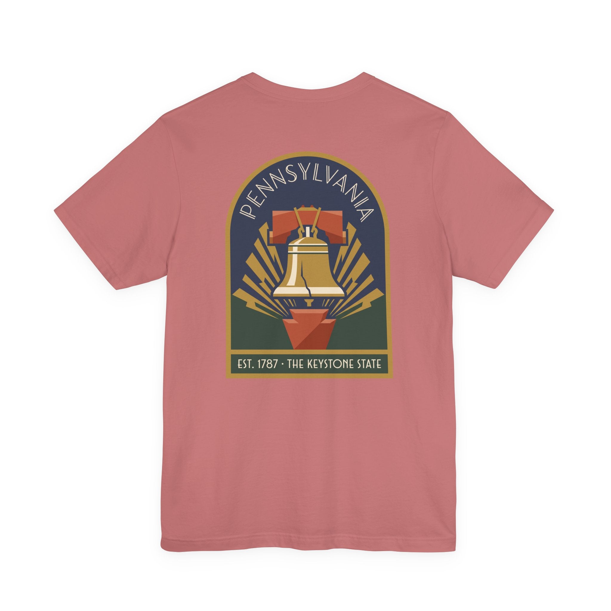 Dusty pink T-shirt with large Keystone State Liberty Bell graphic on back