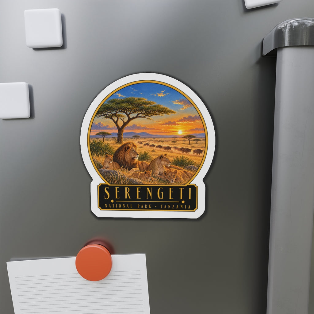 Serengeti die-cut vinyl fridge magnet showing lions under acacia tree at sunset