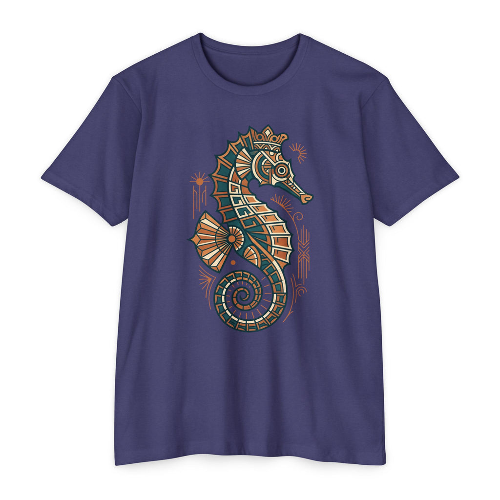 Unisex purple T-shirt with colorful seahorse mosaic graphic on front