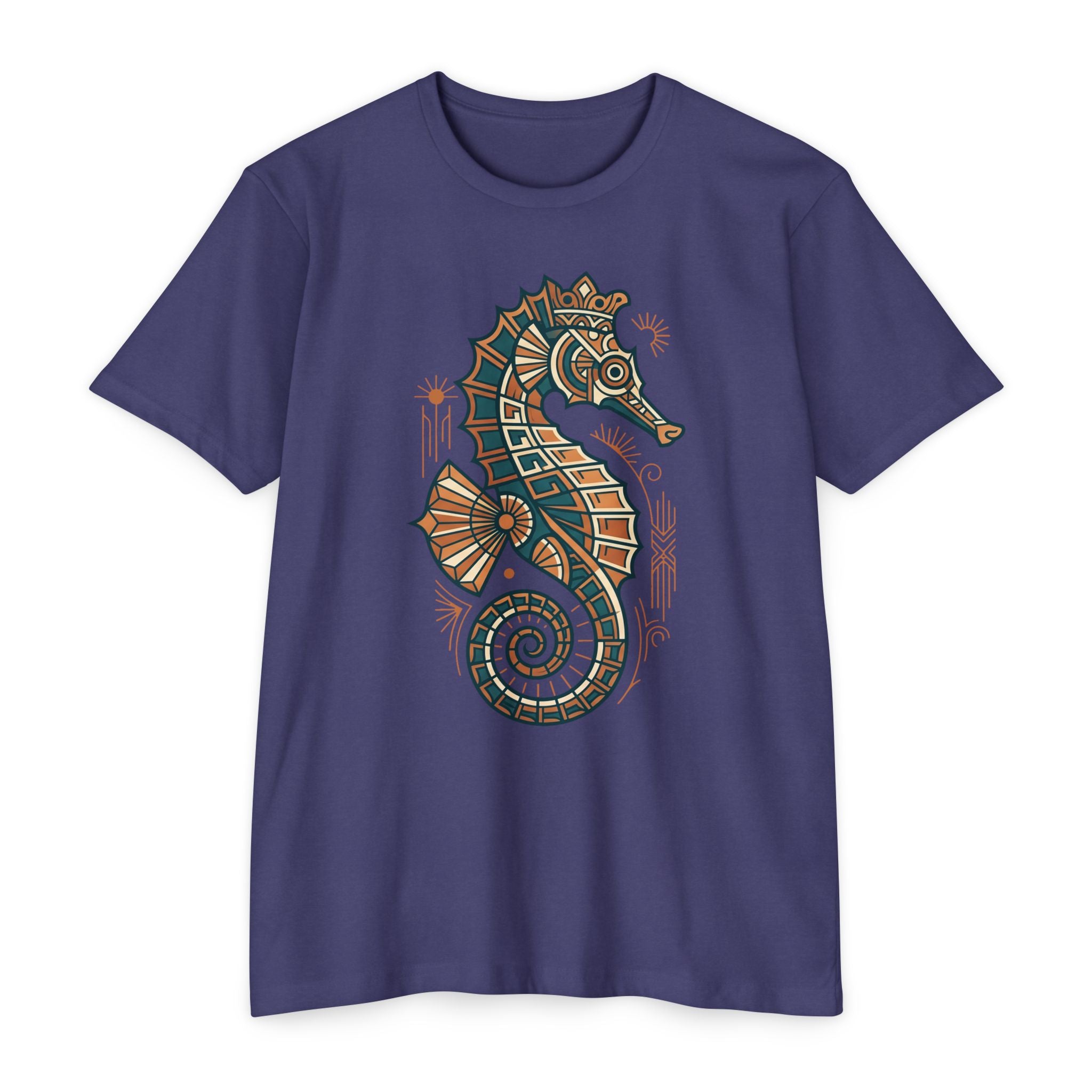 Unisex purple T-shirt with colorful seahorse mosaic graphic on front