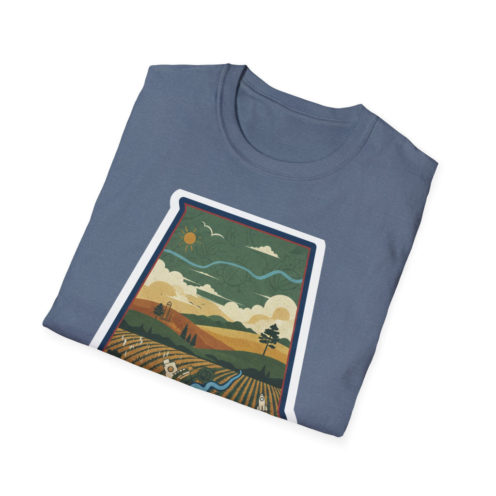 I Am Alabama T-shirt in heather blue, folded view with landscape illustration