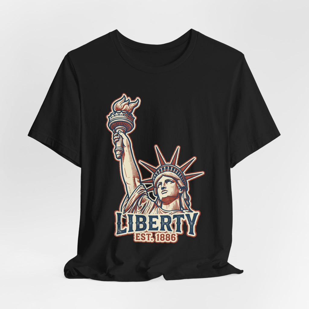 Black graphic tee with Liberty statue illustration and 'LIBERTY EST.1886' text