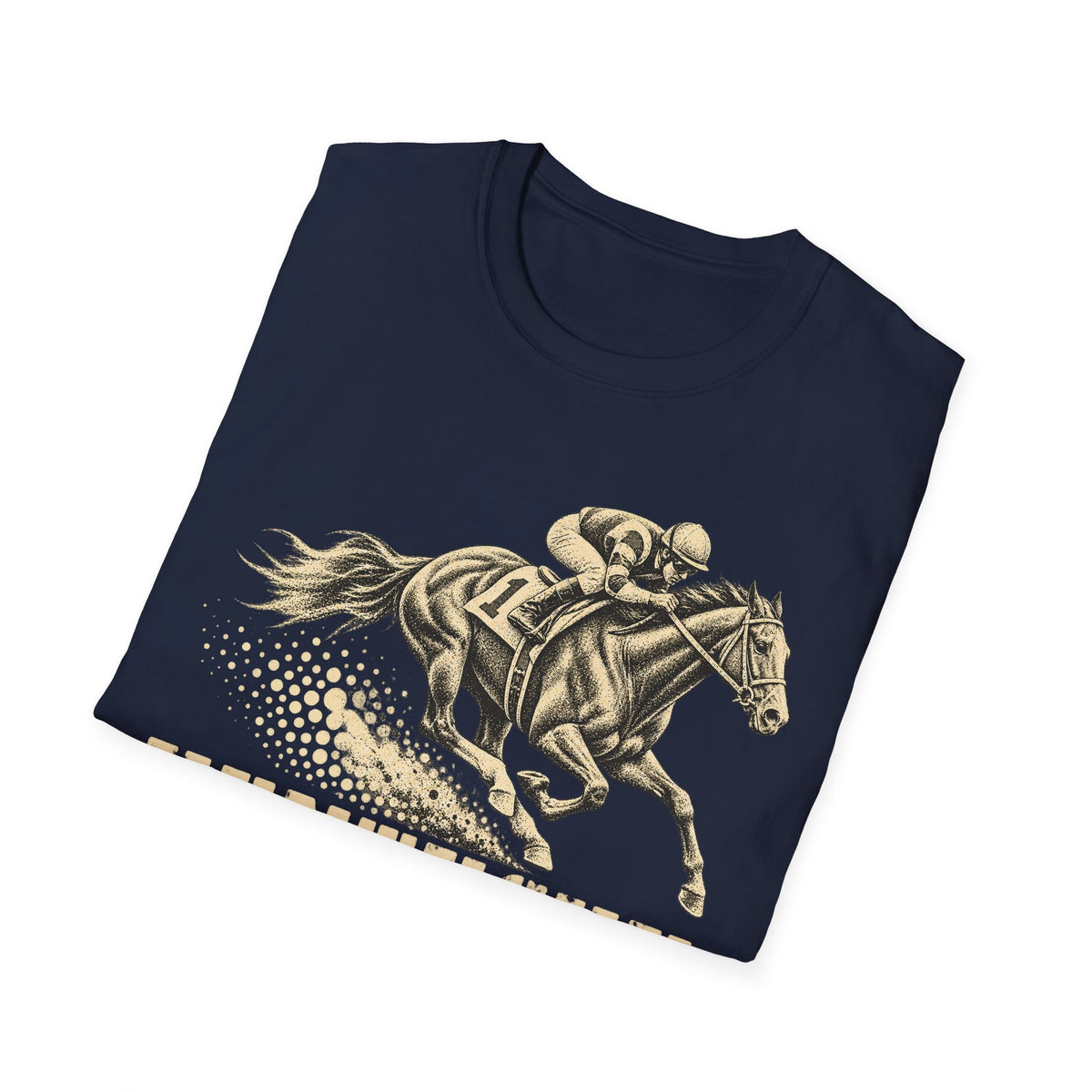 Navy crew-neck graphic T-shirt with jockey riding a galloping horse