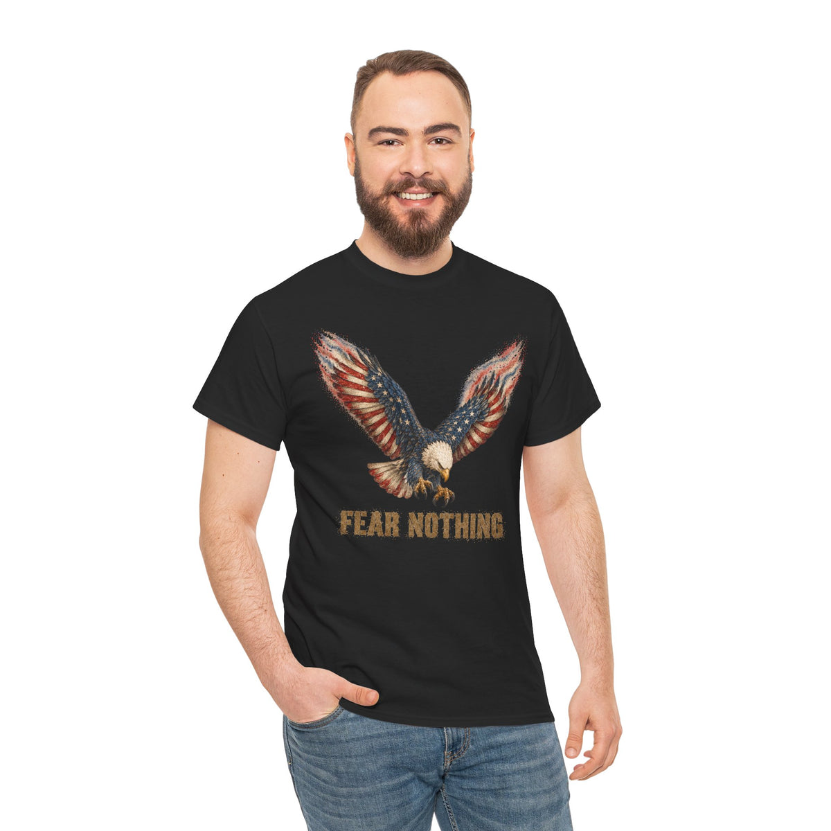Black crew-neck t-shirt with eagle graphic and "FEAR NOTHING" text on chest.