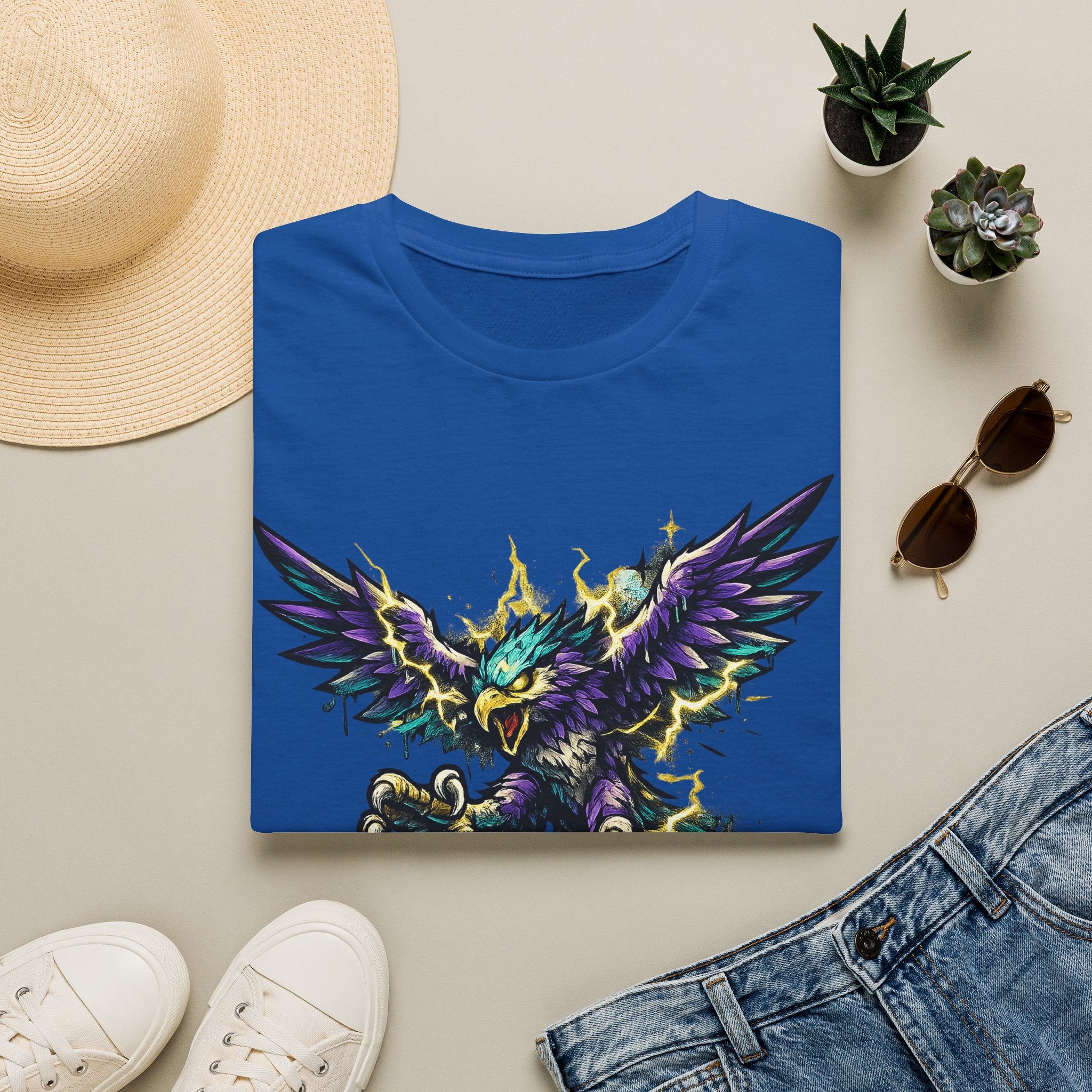 Royal blue crew-neck T-shirt with colorful mythical lightning bird graphic