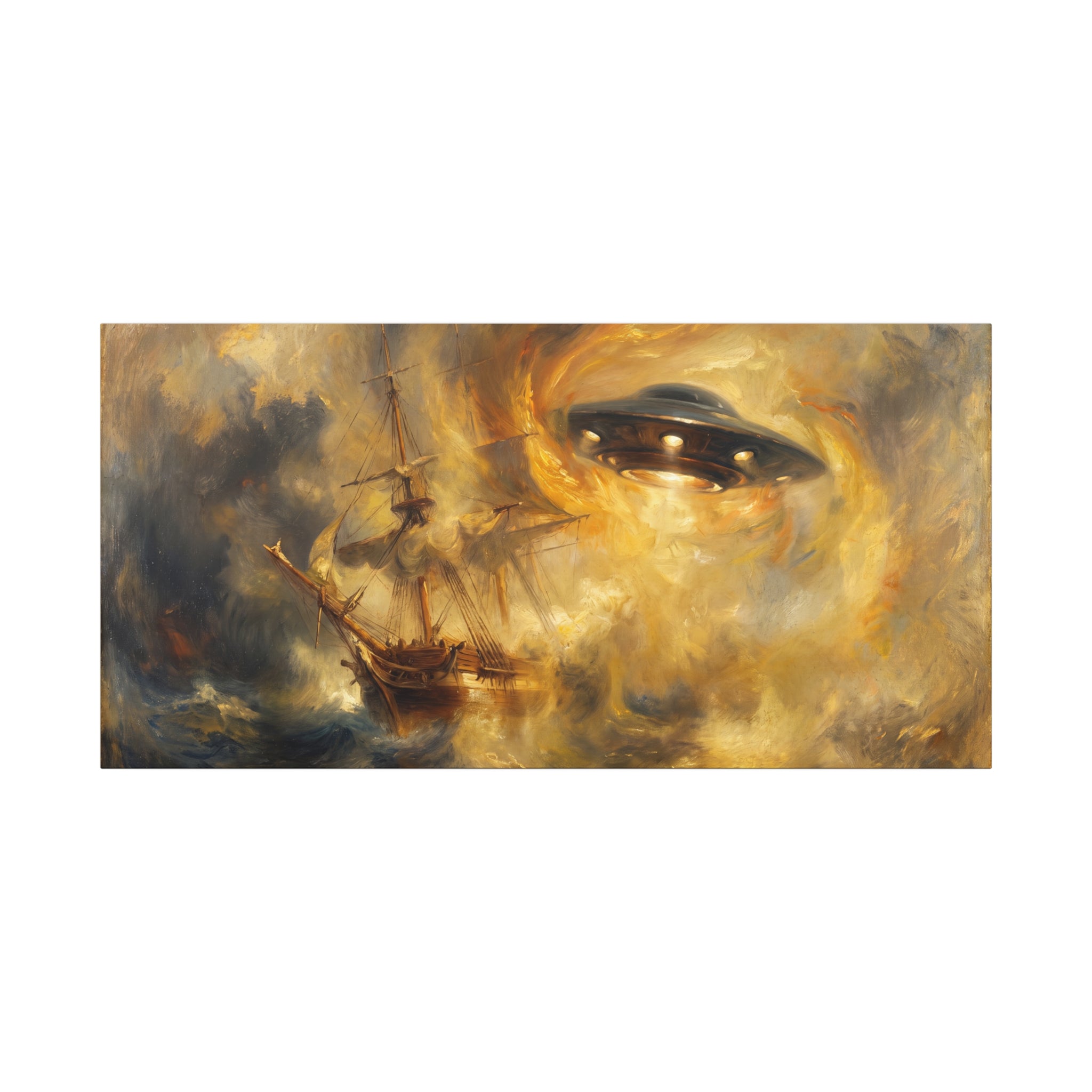 Glowing UFO eye over stormy sailboat on golden-gray canvas, wide horizontal view