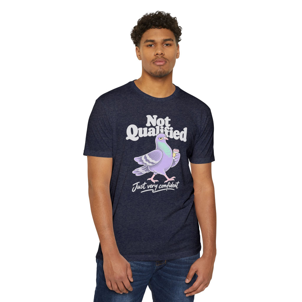 Navy crewneck T-shirt with pigeon graphic and 'Not Qualified' slogan on front