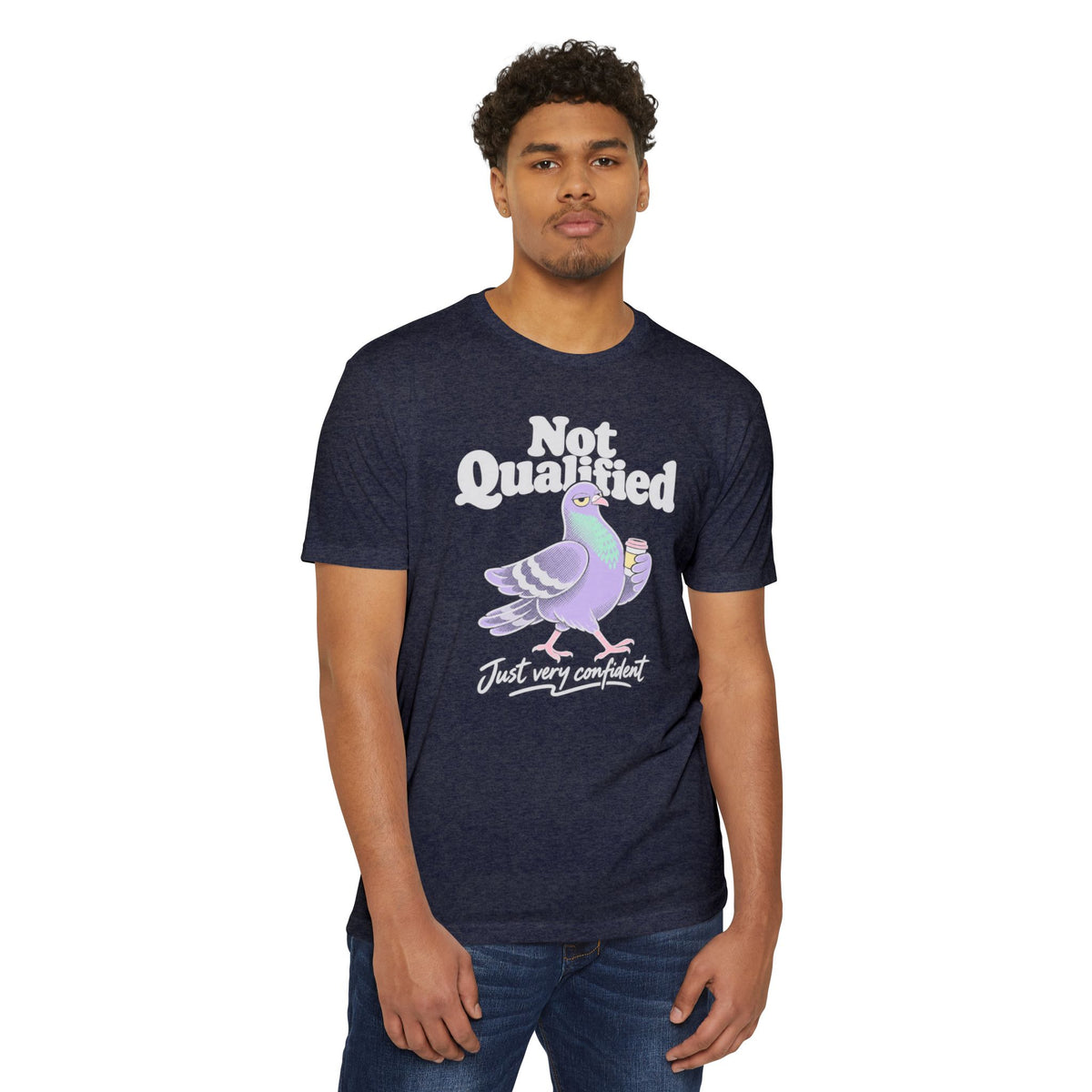 Navy crewneck T-shirt with pigeon graphic and 'Not Qualified' slogan on front