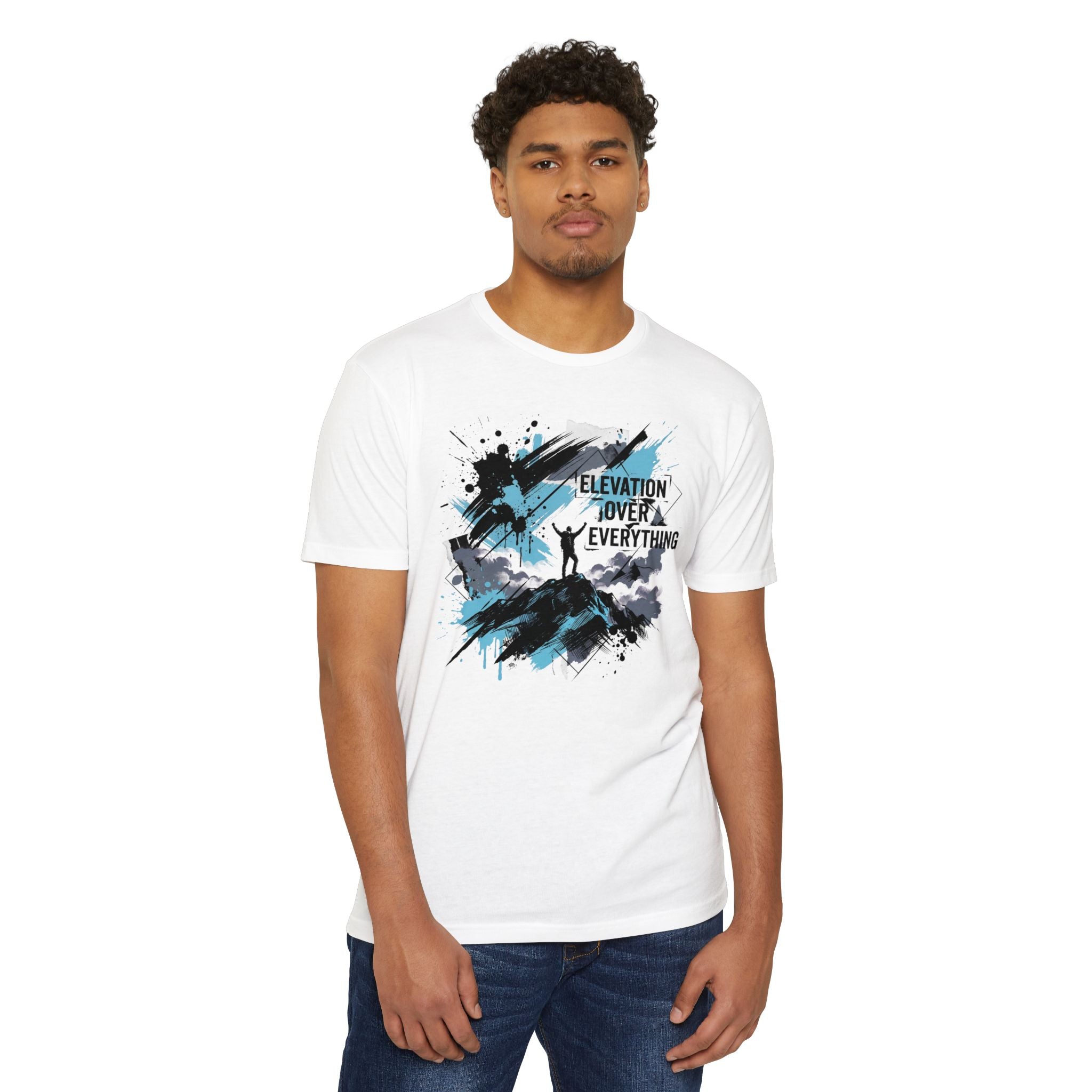 White crewneck graphic T-shirt with ink mountain-style print on chest