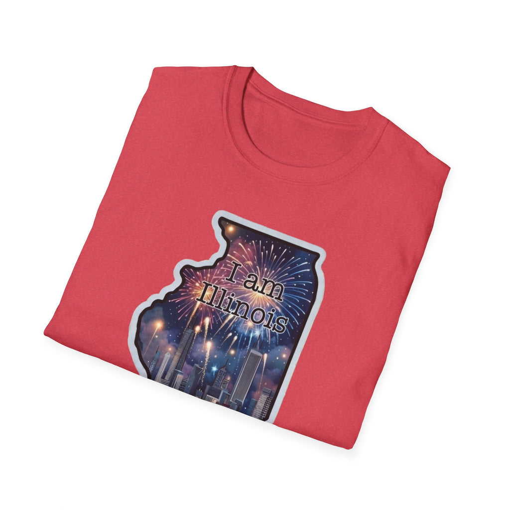 Heather red T-shirt with “I am Illinois” sticker-style graphic and fireworks