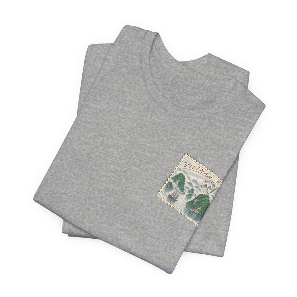 Heather stone T-shirt with small Vietnam postage-stamp graphic on the chest