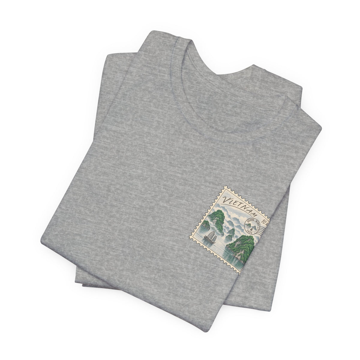 Heather stone T-shirt with small Vietnam postage-stamp graphic on the chest