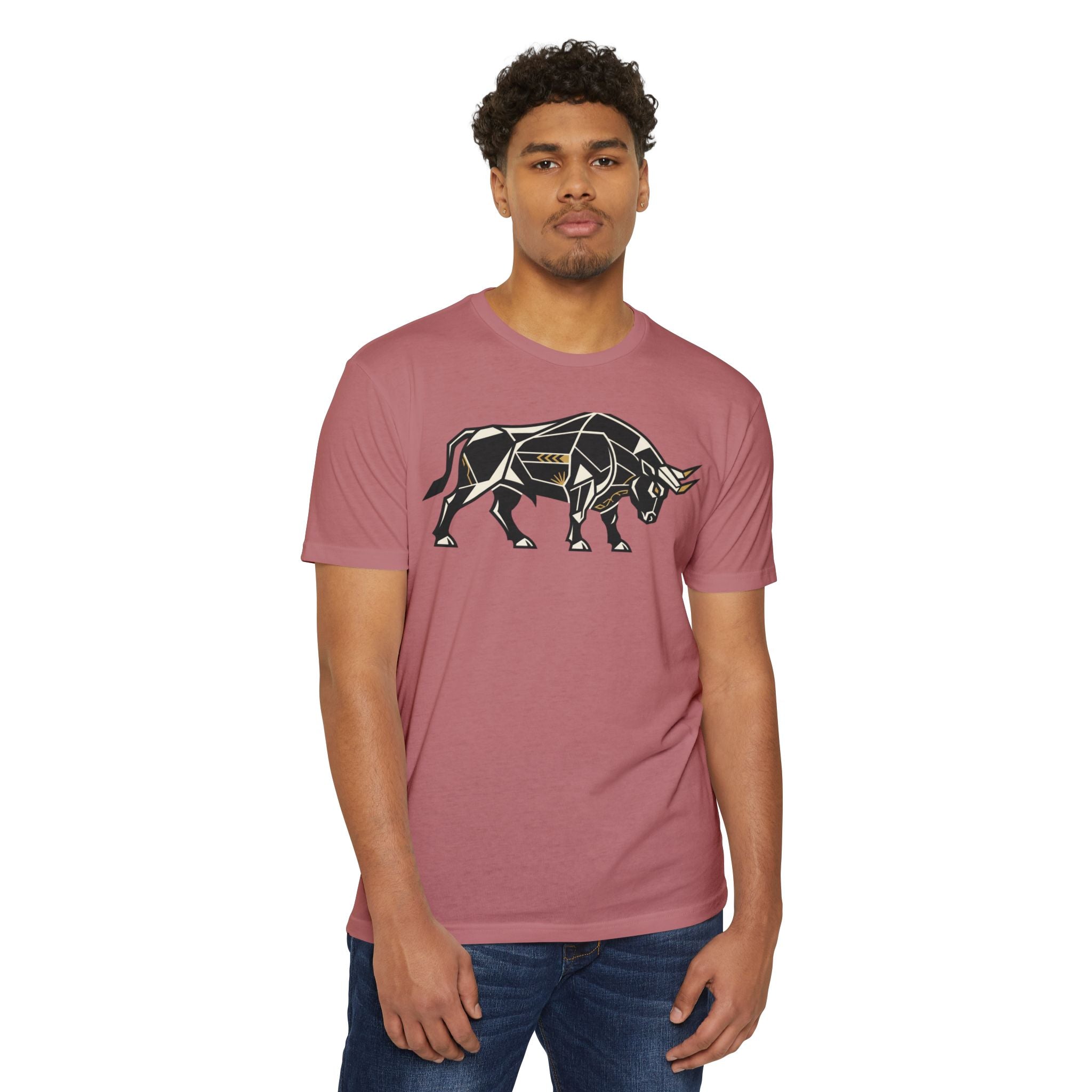 Mauve bull graphic T-shirt with geometric charging bull print, crew neck short sleeves