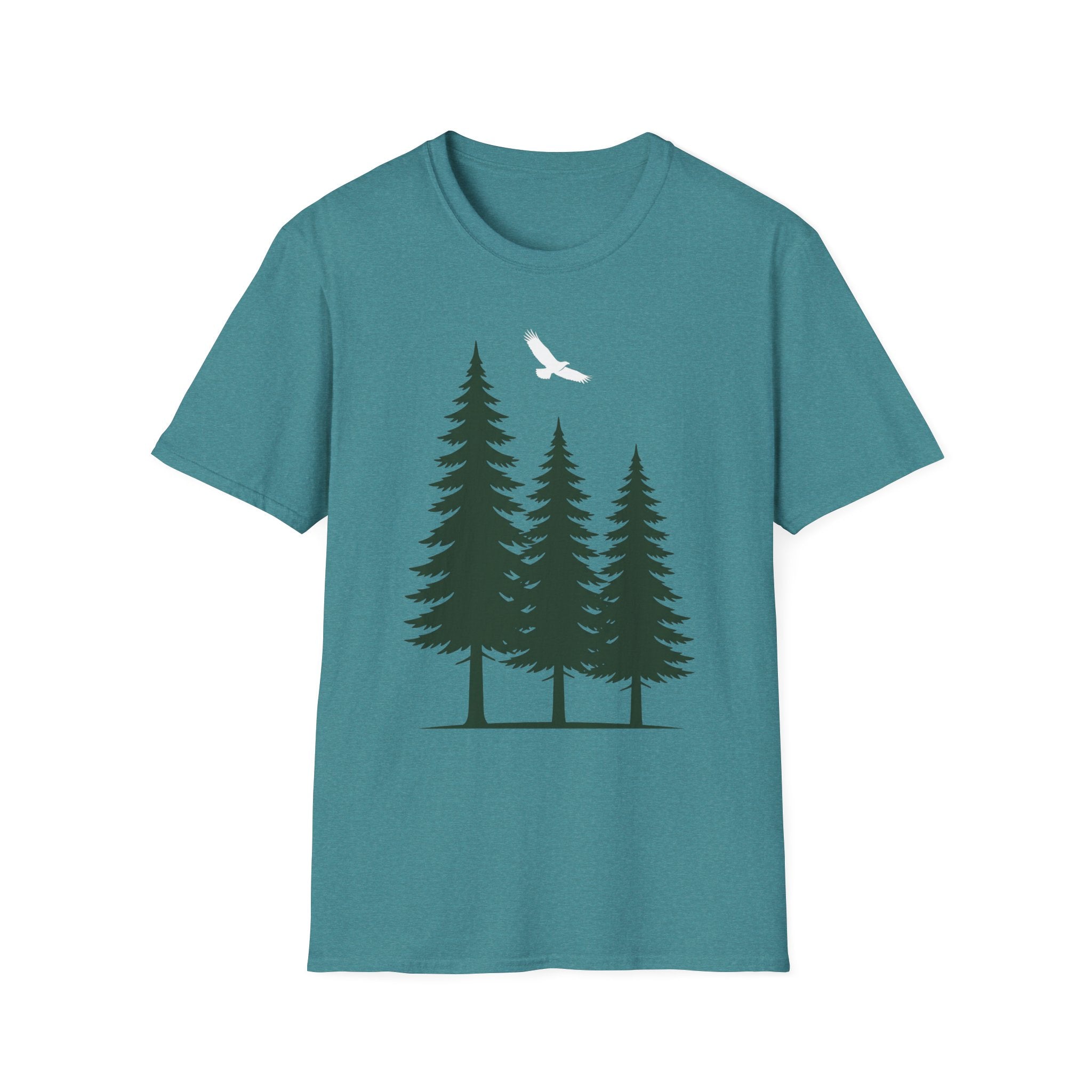 Forest nature T-shirt in teal with pine trees graphic and white soaring bird