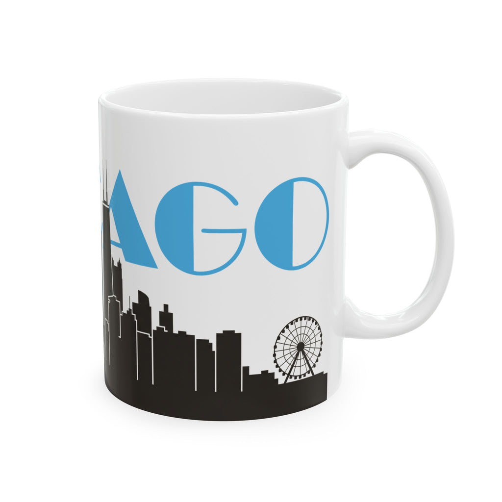 White ceramic mug with black skyline base, blue 'AGO' and ferris wheel graphic