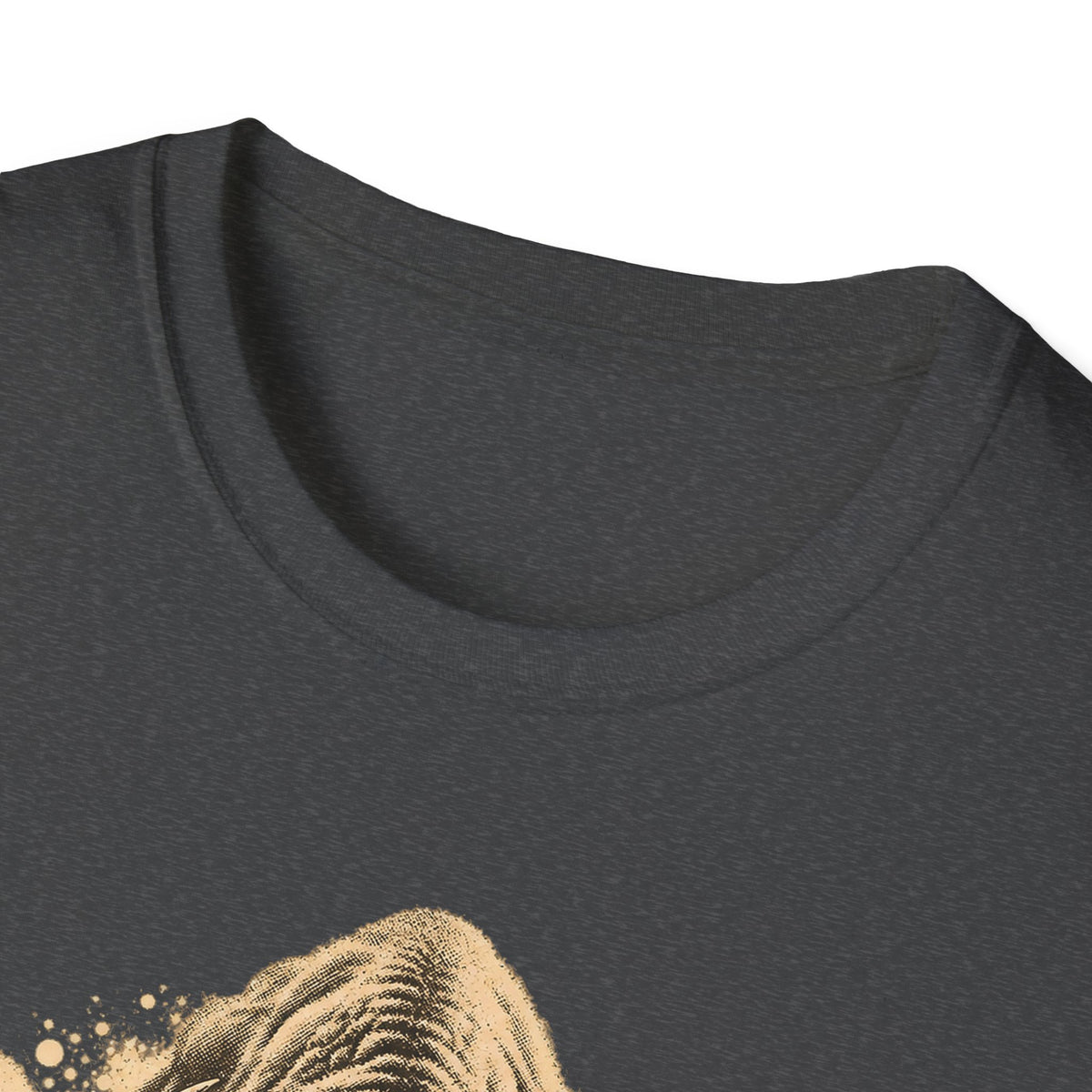Dark charcoal crew-neck T-shirt neckline with partial tan bison graphic