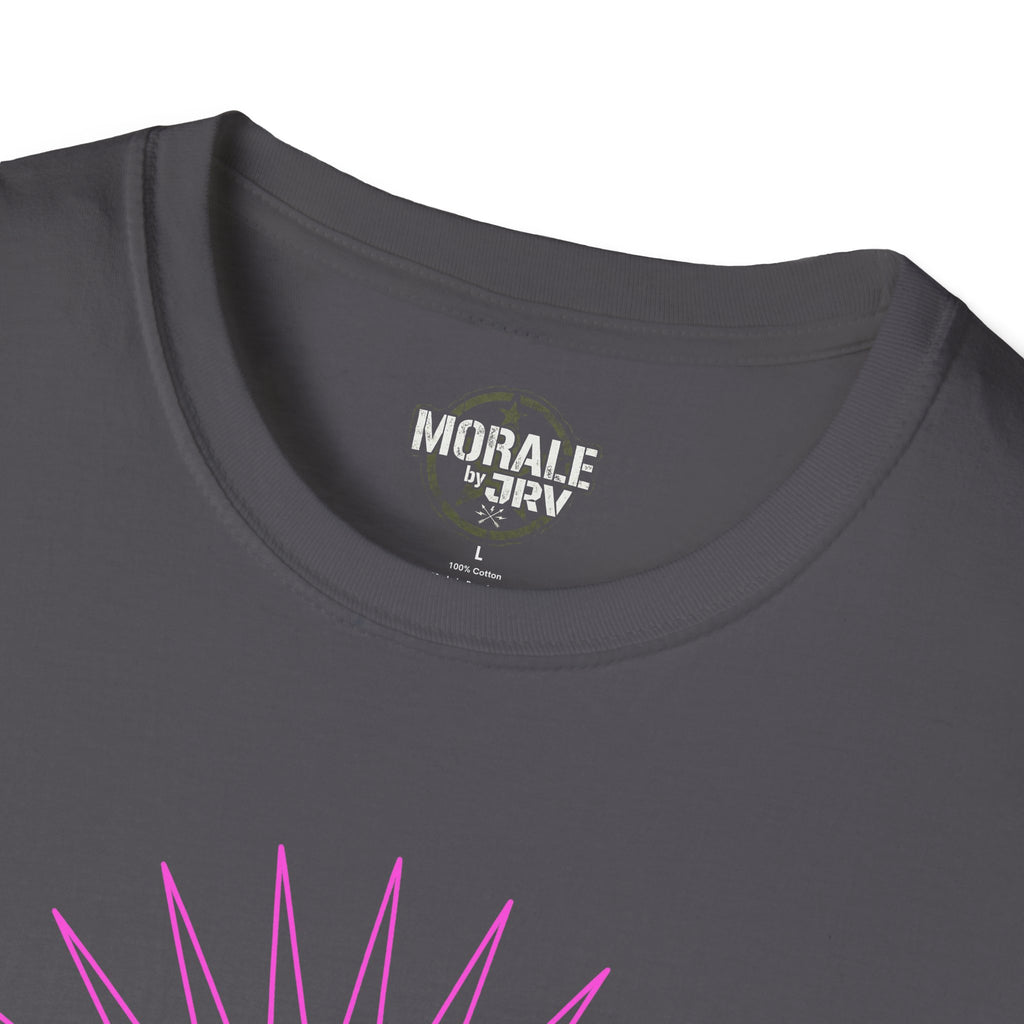 Charcoal crewneck T-shirt neckline close-up with circular logo and top of pink rays
