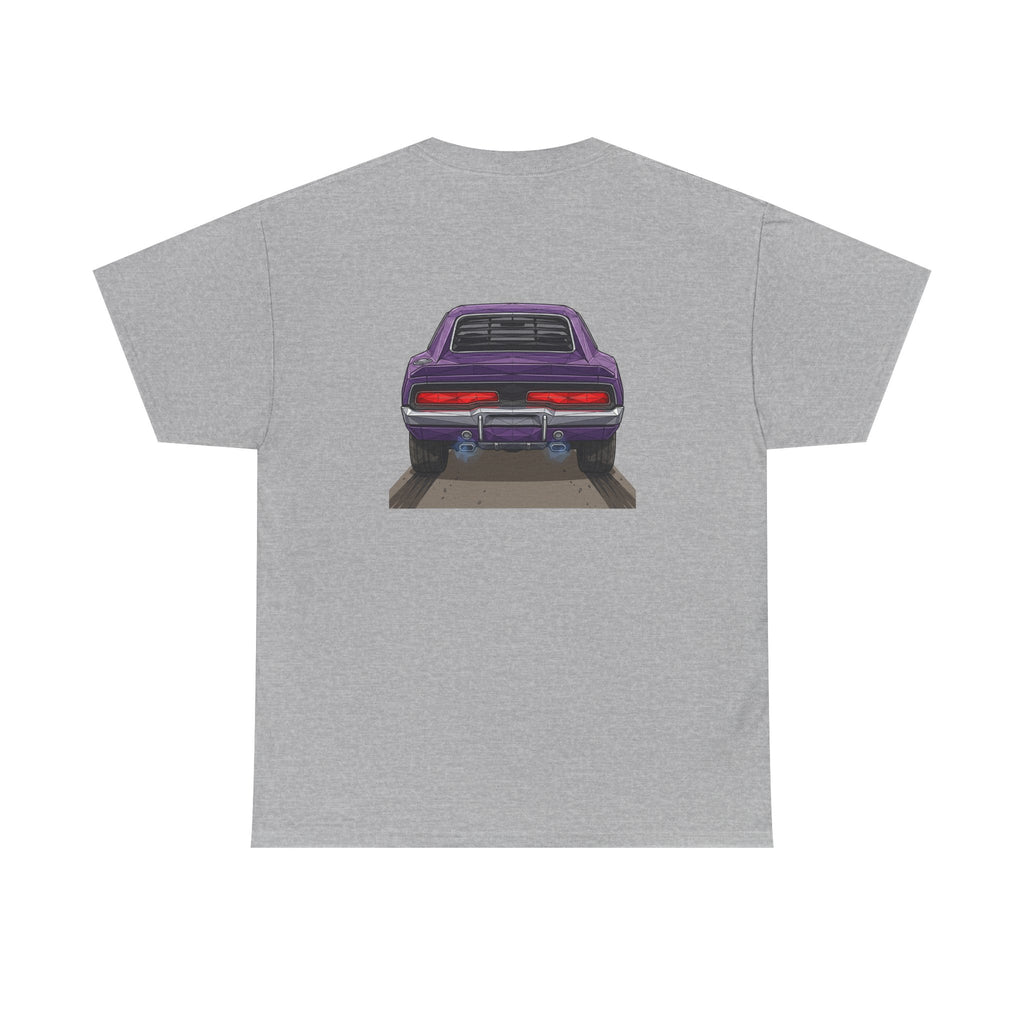 Sport grey T-shirt with purple retro muscle car chest graphic, rear view