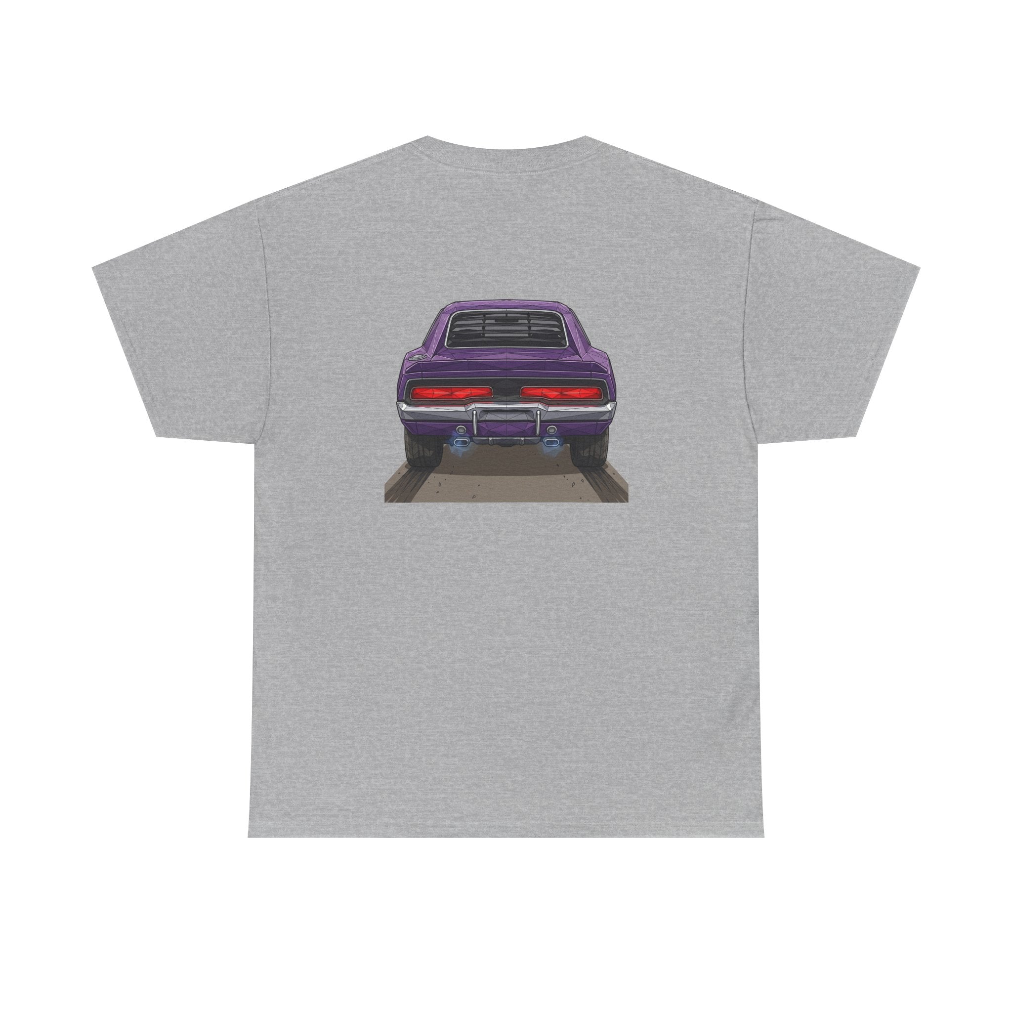Sport grey T-shirt with purple retro muscle car chest graphic, rear view