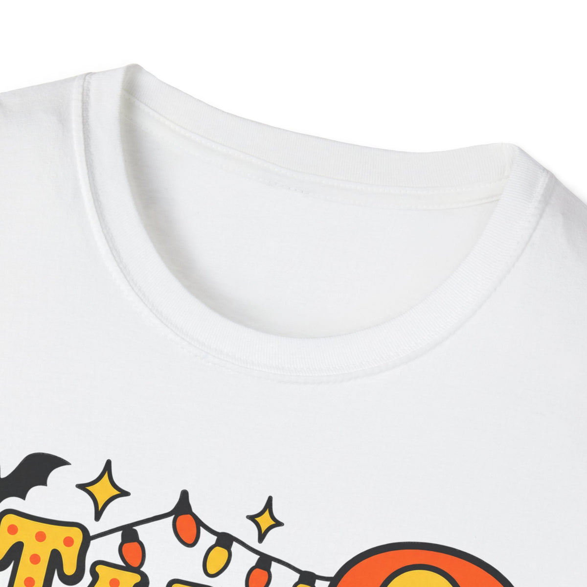 White crew-neck T-shirt with partial Halloween “Talk Spooky” graphic at chest