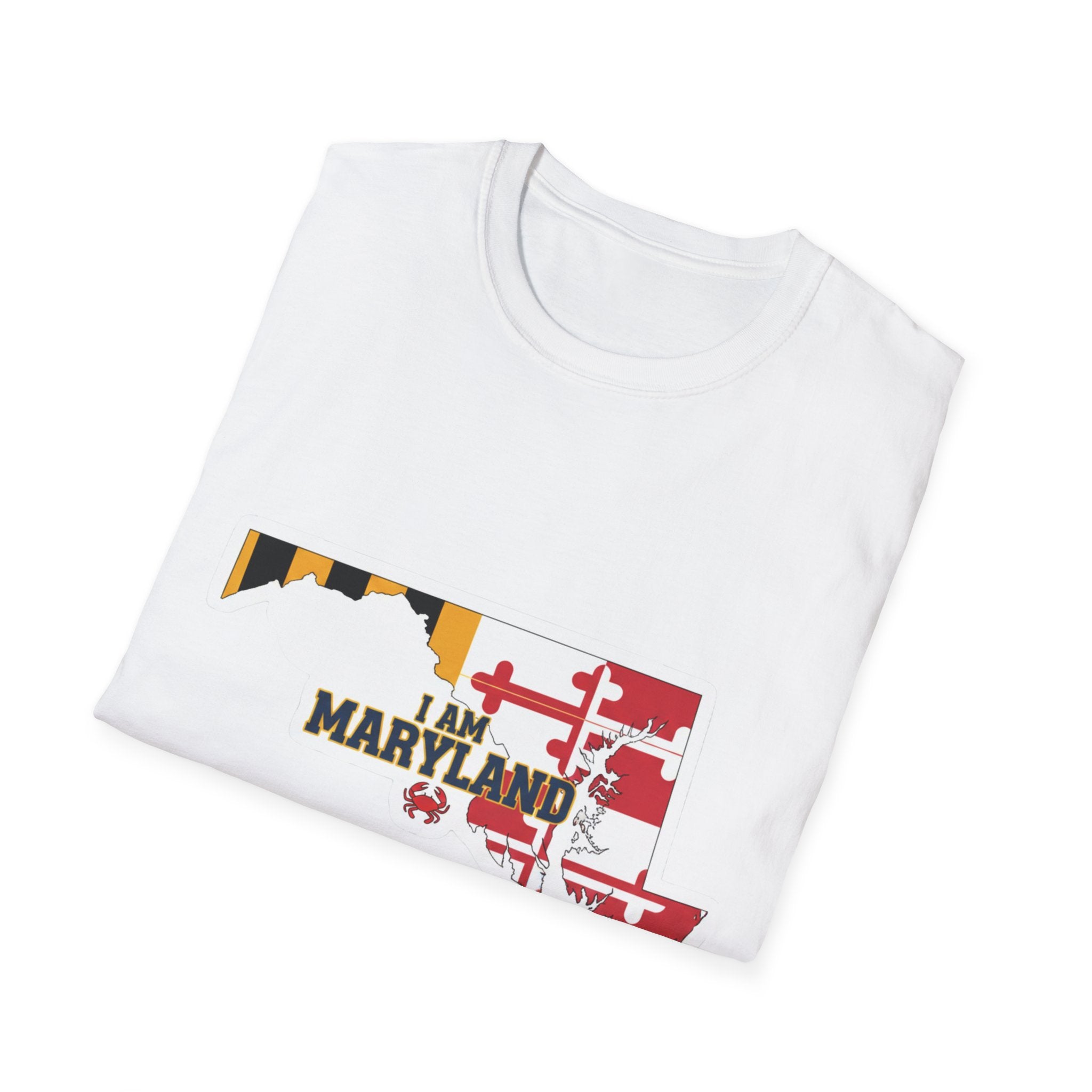 White Maryland state graphic t-shirt with “I AM MARYLAND” print, folded