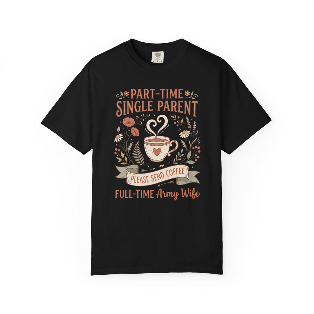 Black t-shirt with coffee and floral text graphic, short sleeves