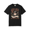 Black t-shirt with coffee and floral text graphic, short sleeves