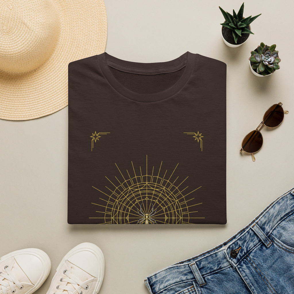 Dark brown T-shirt with gold spider mandala web and star accents graphic