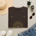 Dark brown T-shirt with gold spider mandala web and star accents graphic