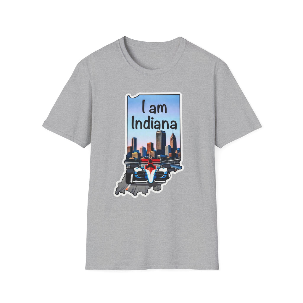 I am Indiana T-Shirt, hellgrau: Indiana-Schriftzug, Skyline & IndyCar im Umriss
