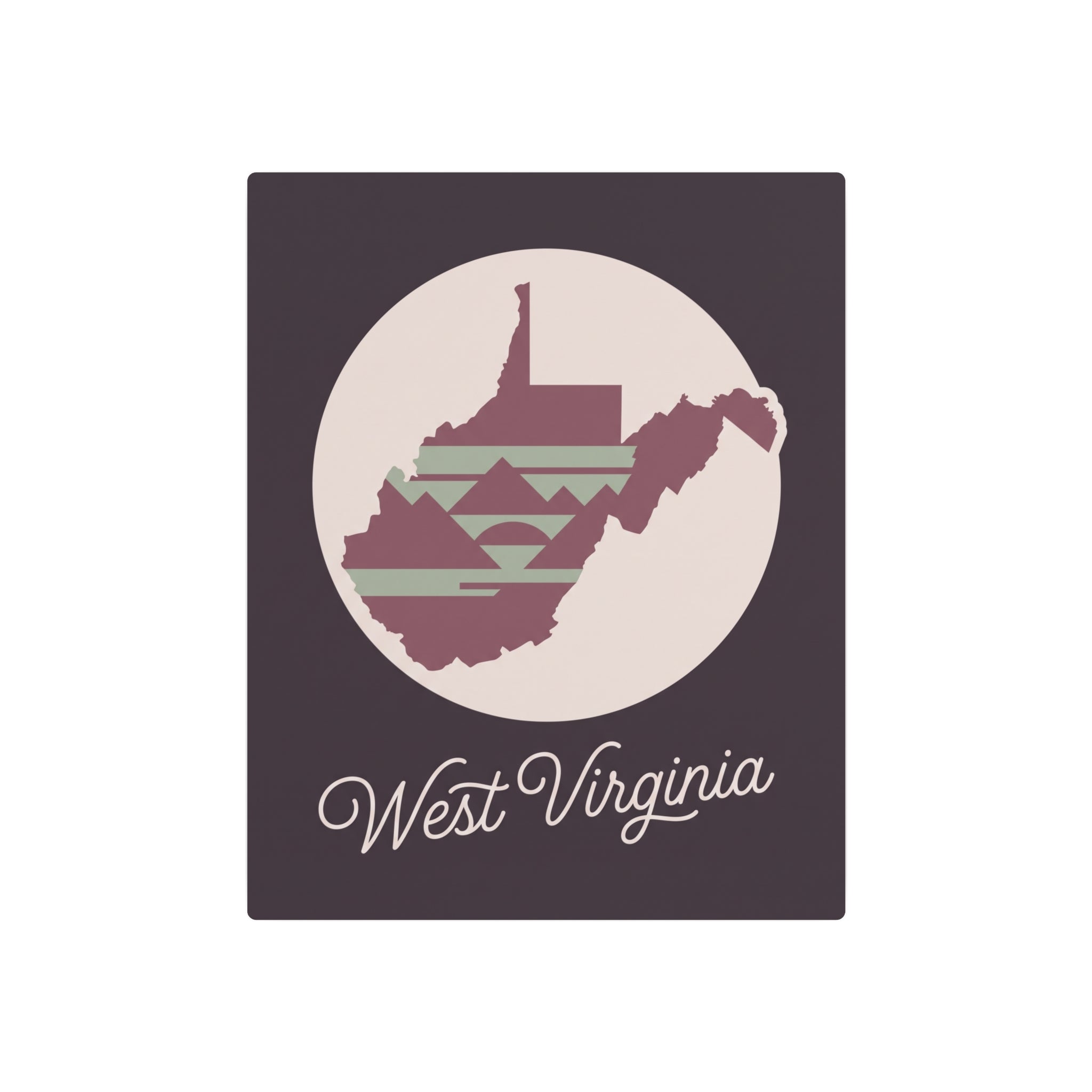 Mauve metal wall art sign showing West Virginia silhouette in a circular logo with script
