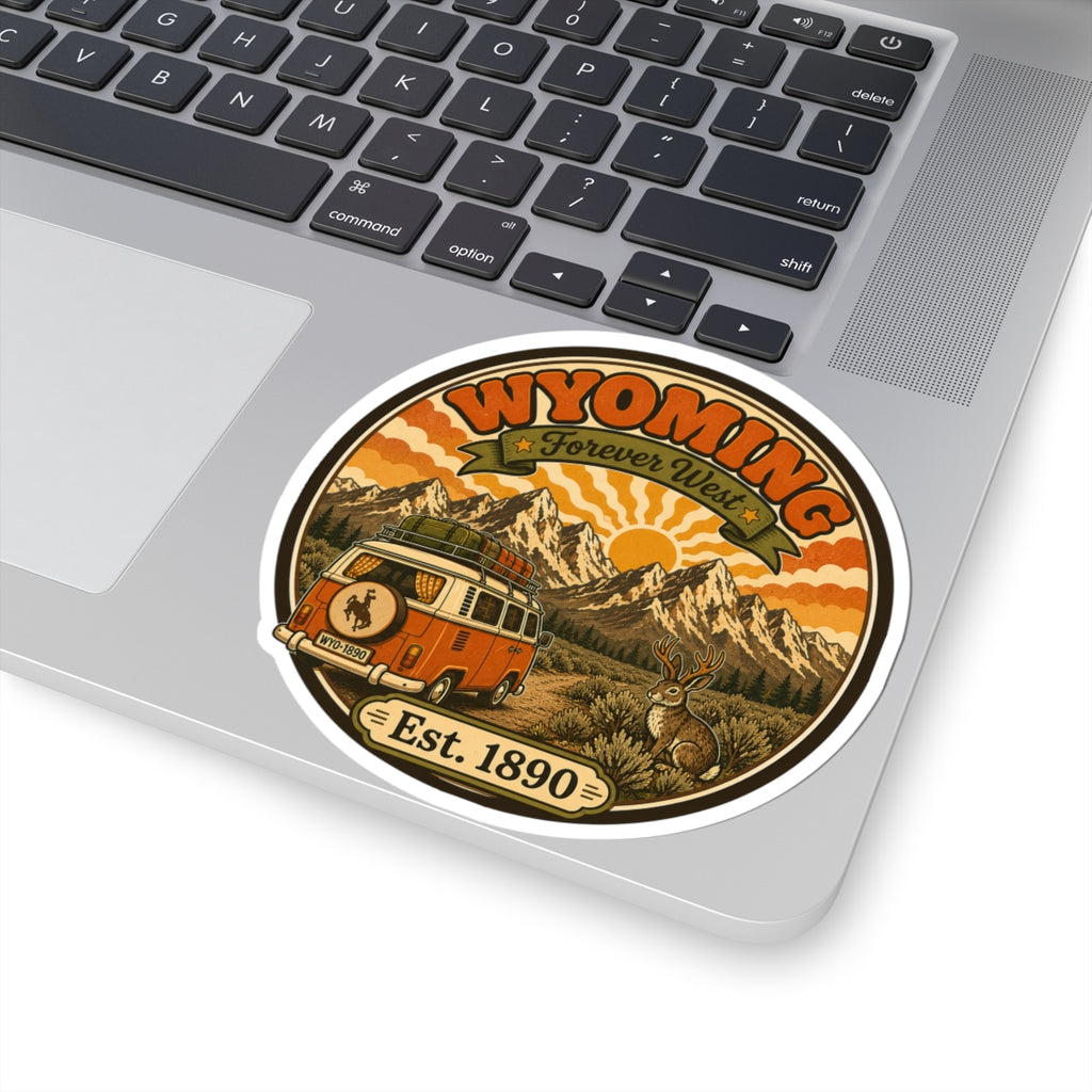 White kiss-cut vinyl sticker with Wyoming logo, vintage van and mountains, Est. 1890