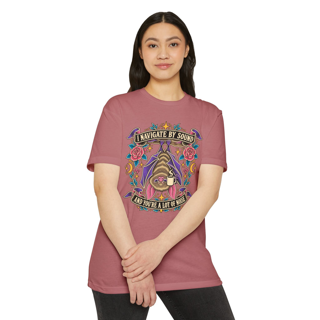 Rose graphic t-shirt with bat and rose arch front slogan print