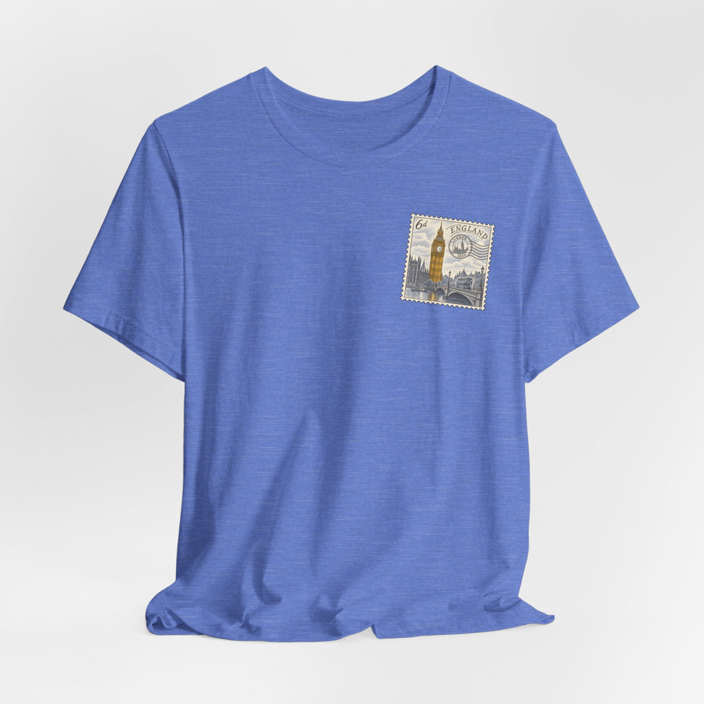 Blue short-sleeve T-shirt with small vintage postage stamp graphic on chest