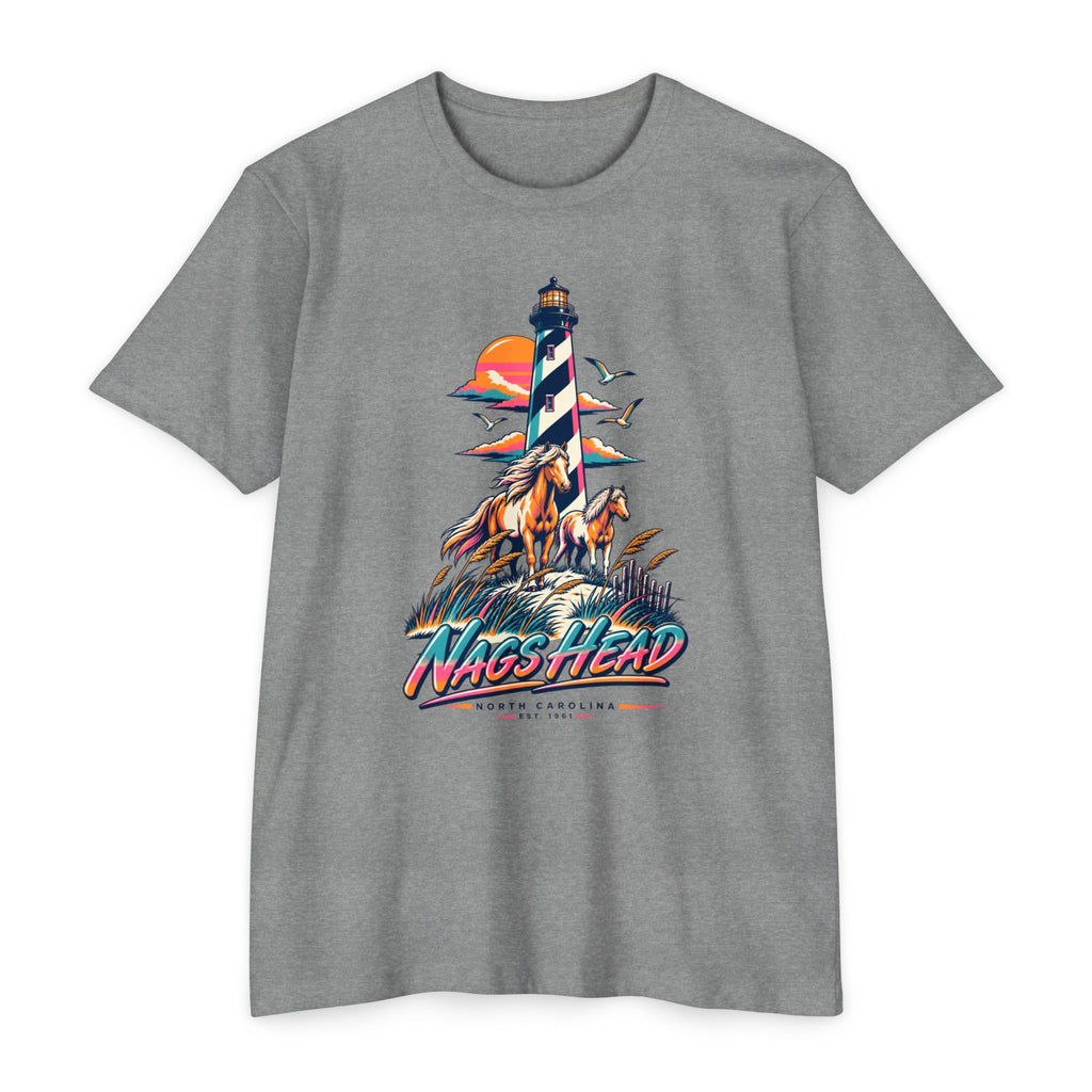Heather gray T-shirt with lighthouse, sunset and wave graphic