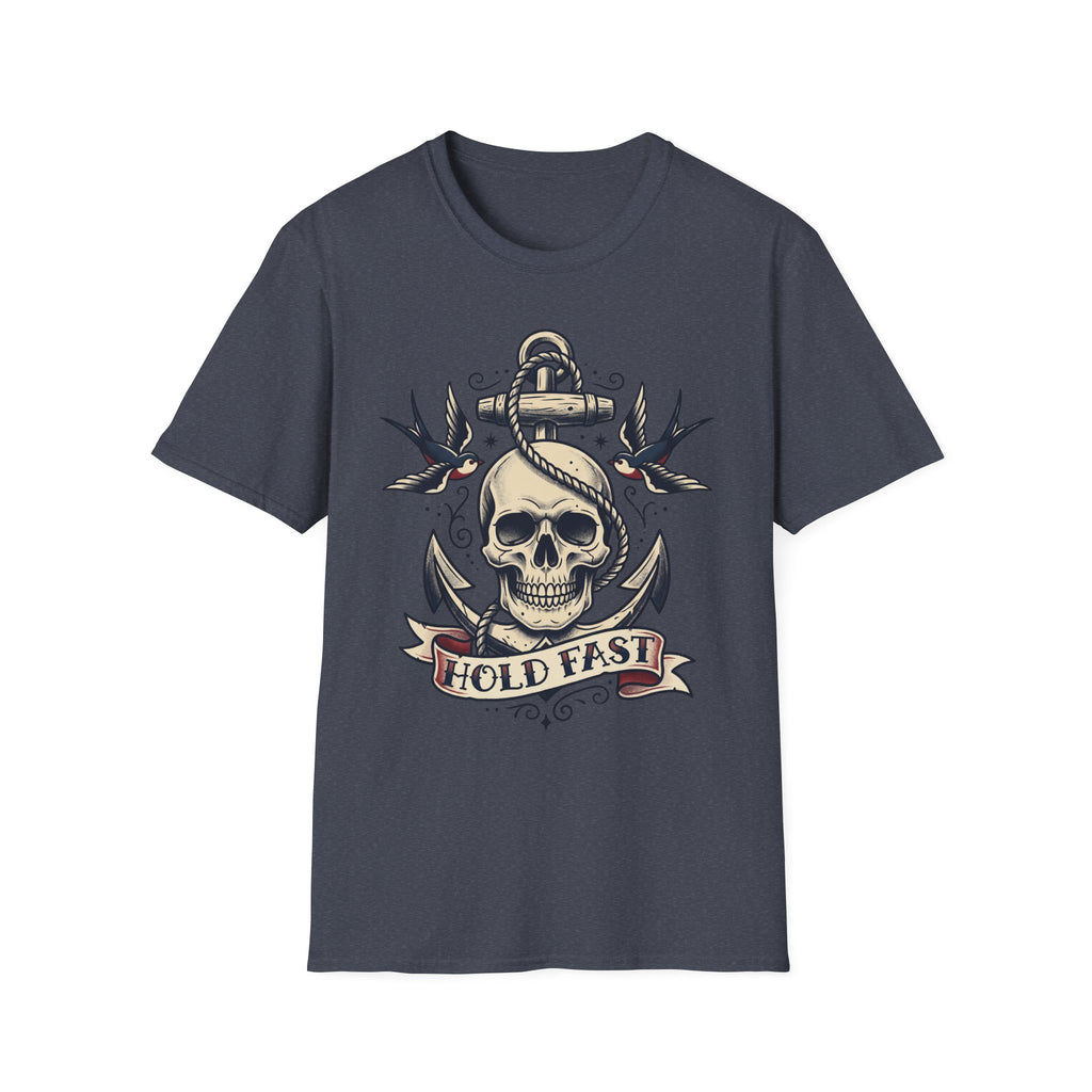 Navy T-shirt with skull anchor tattoo graphic and “HOLD FAST” banner