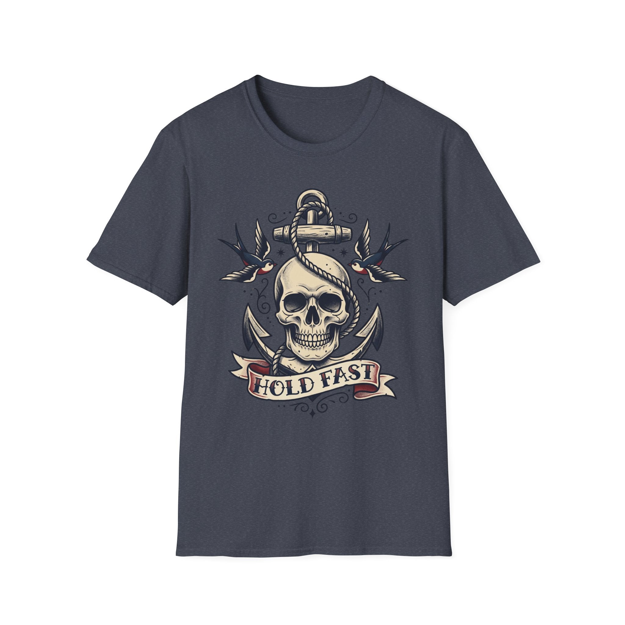 Navy T-shirt with skull anchor tattoo graphic and “HOLD FAST” banner