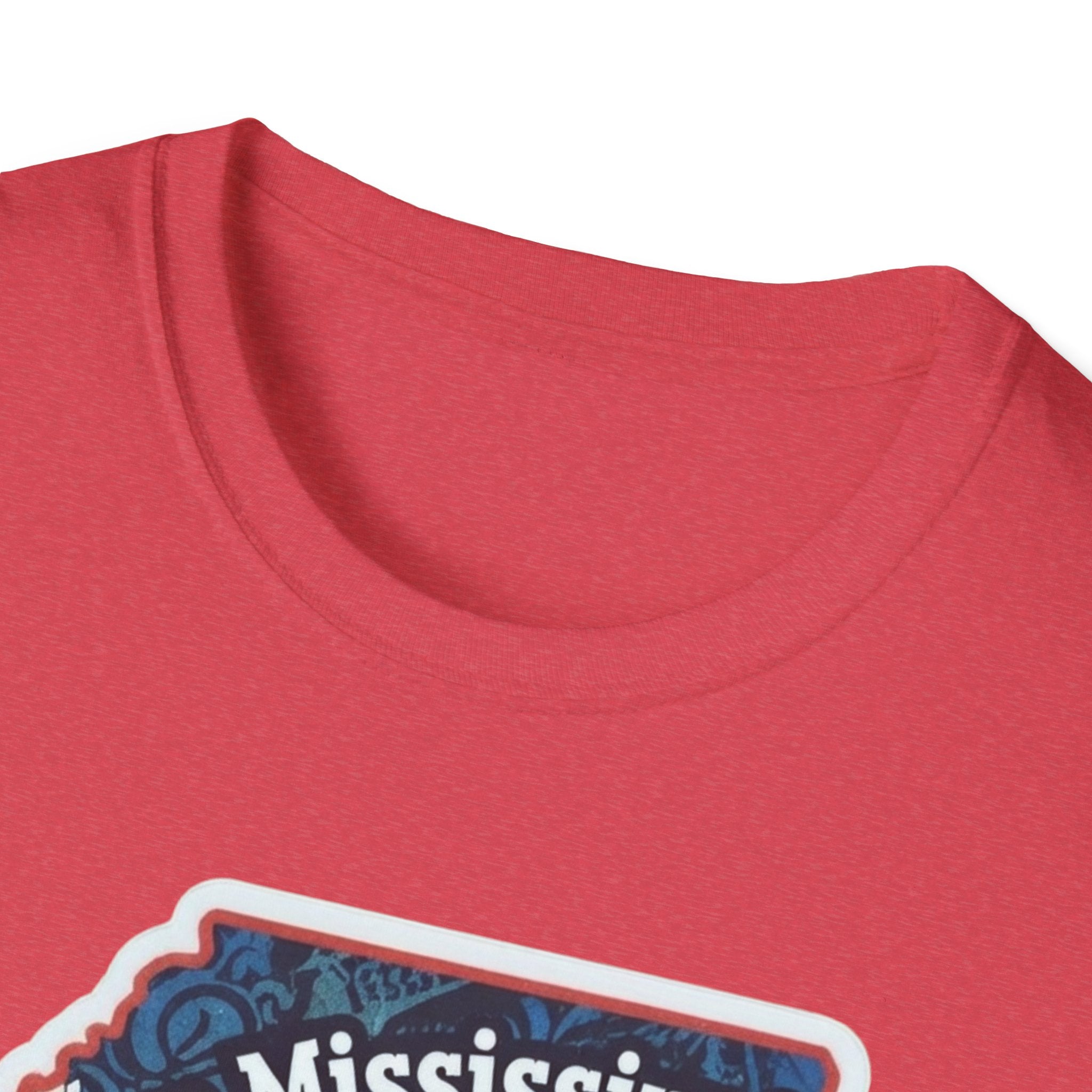 I am Mississippi T-shirt, red crew neck, close-up of chest graphic top