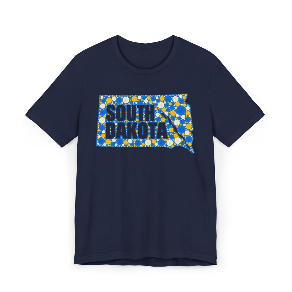 Navy t-shirt with polka dot South Dakota map graphic in blue and yellow