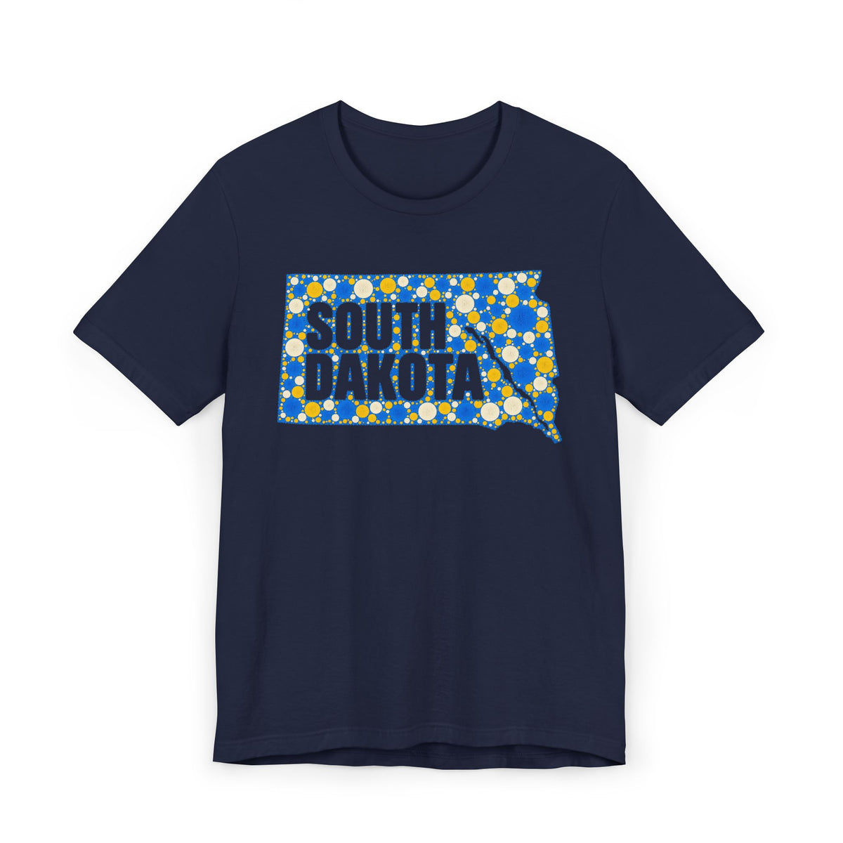 Navy t-shirt with polka dot South Dakota map graphic in blue and yellow