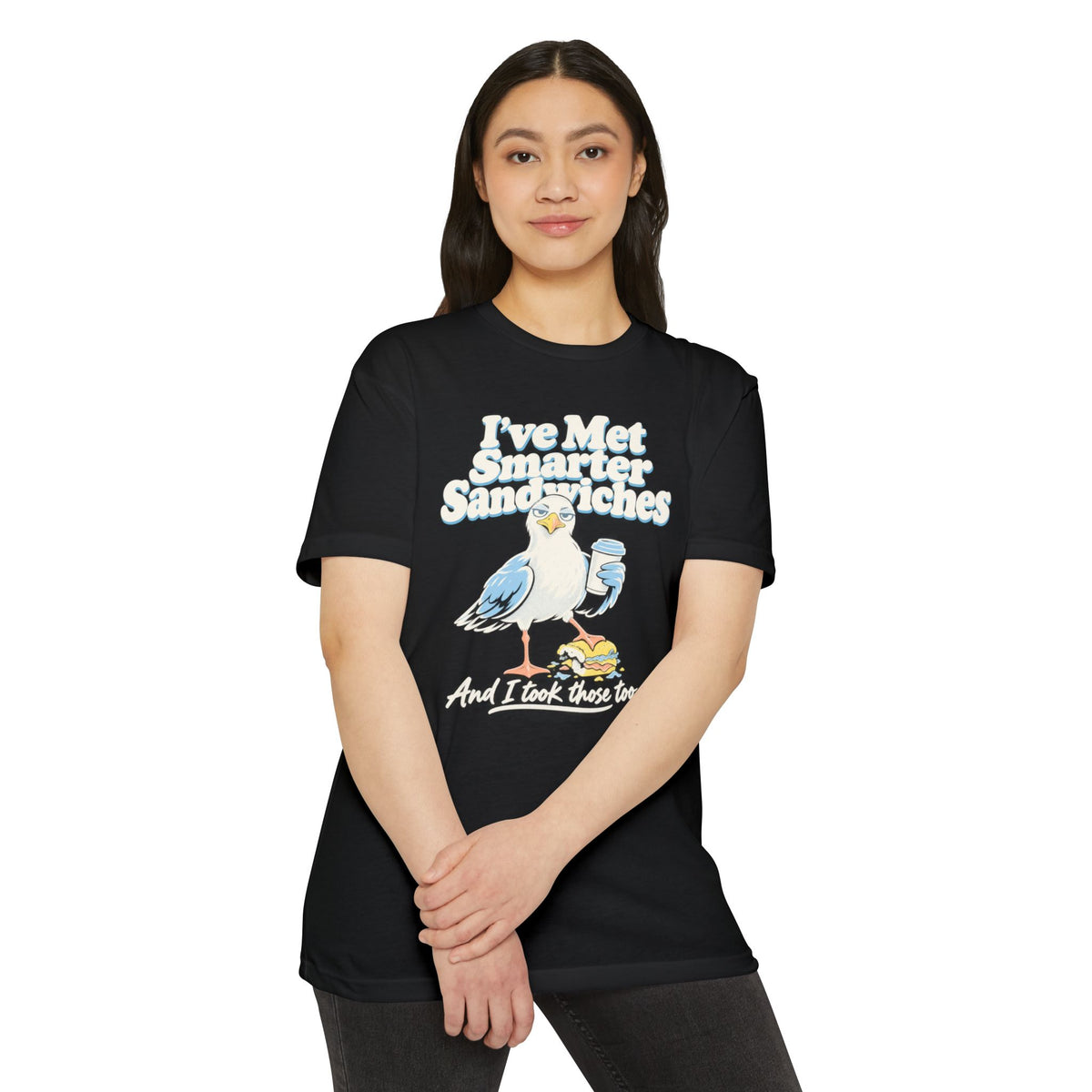 Black graphic T-shirt with seagull and 'I've Met Smarter Sandwiches' print