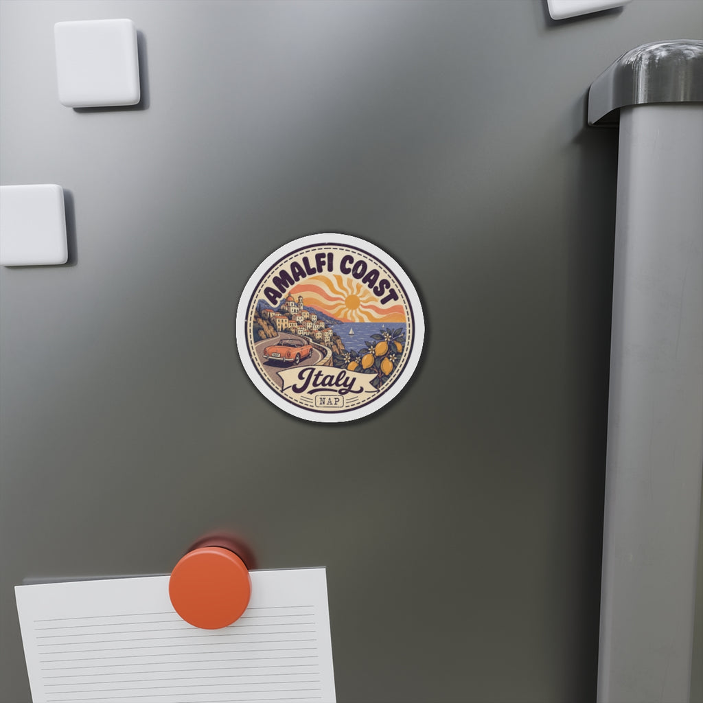 Round die-cut magnet featuring Amalfi Coast Italy vintage artwork on stainless fridge door
