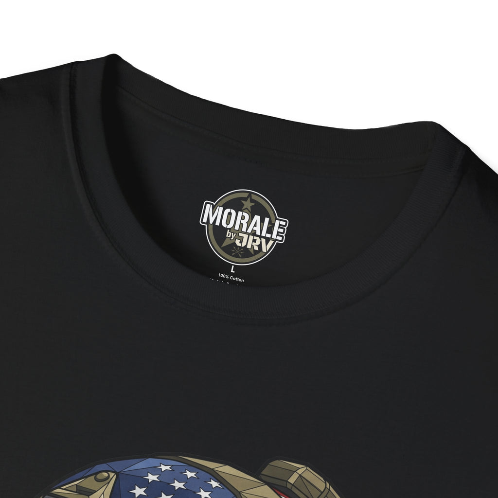 Black T-shirt close-up: round badge logo with top of skull helmet US flag graphic