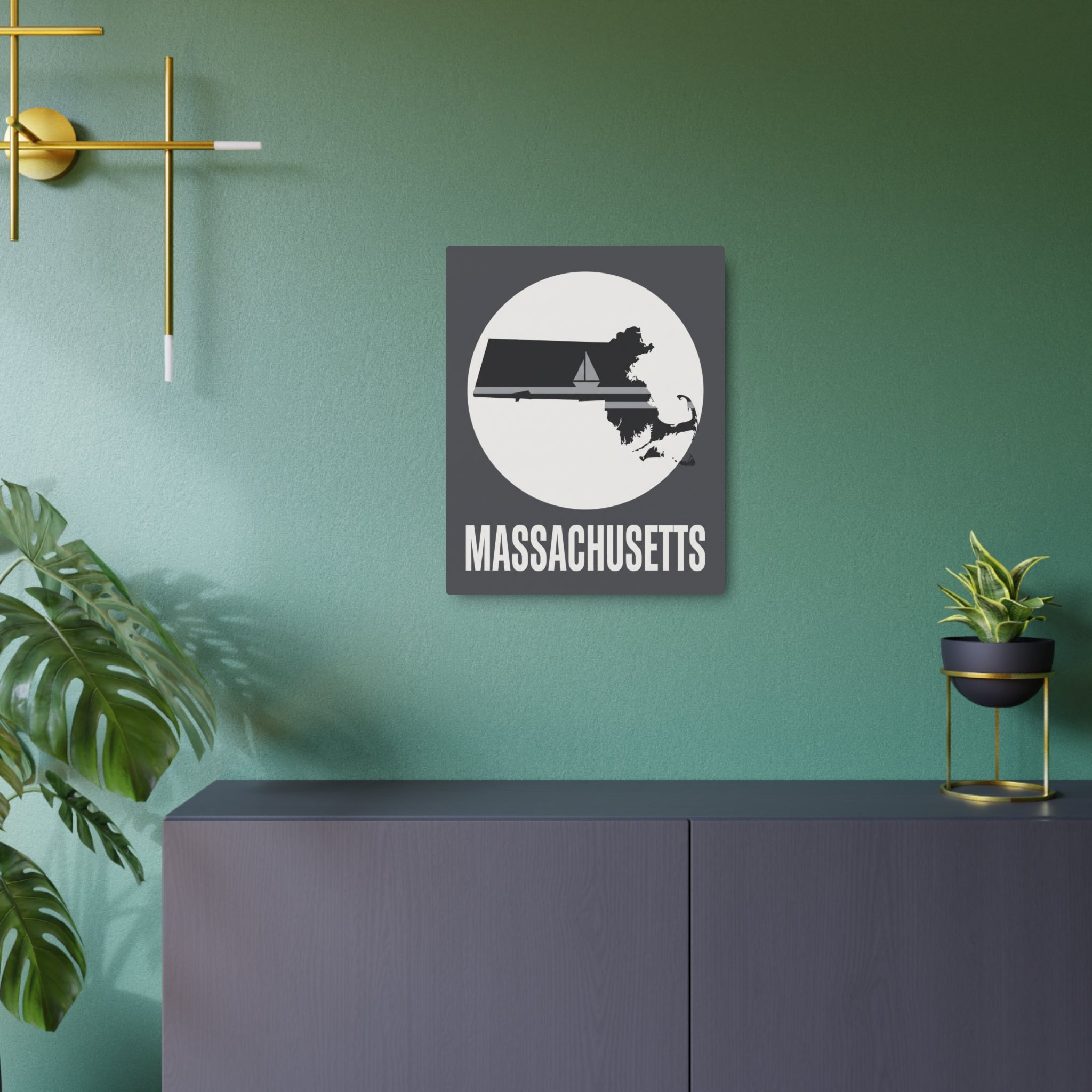 Grey metal wall art sign featuring Massachusetts map silhouette in a white circle