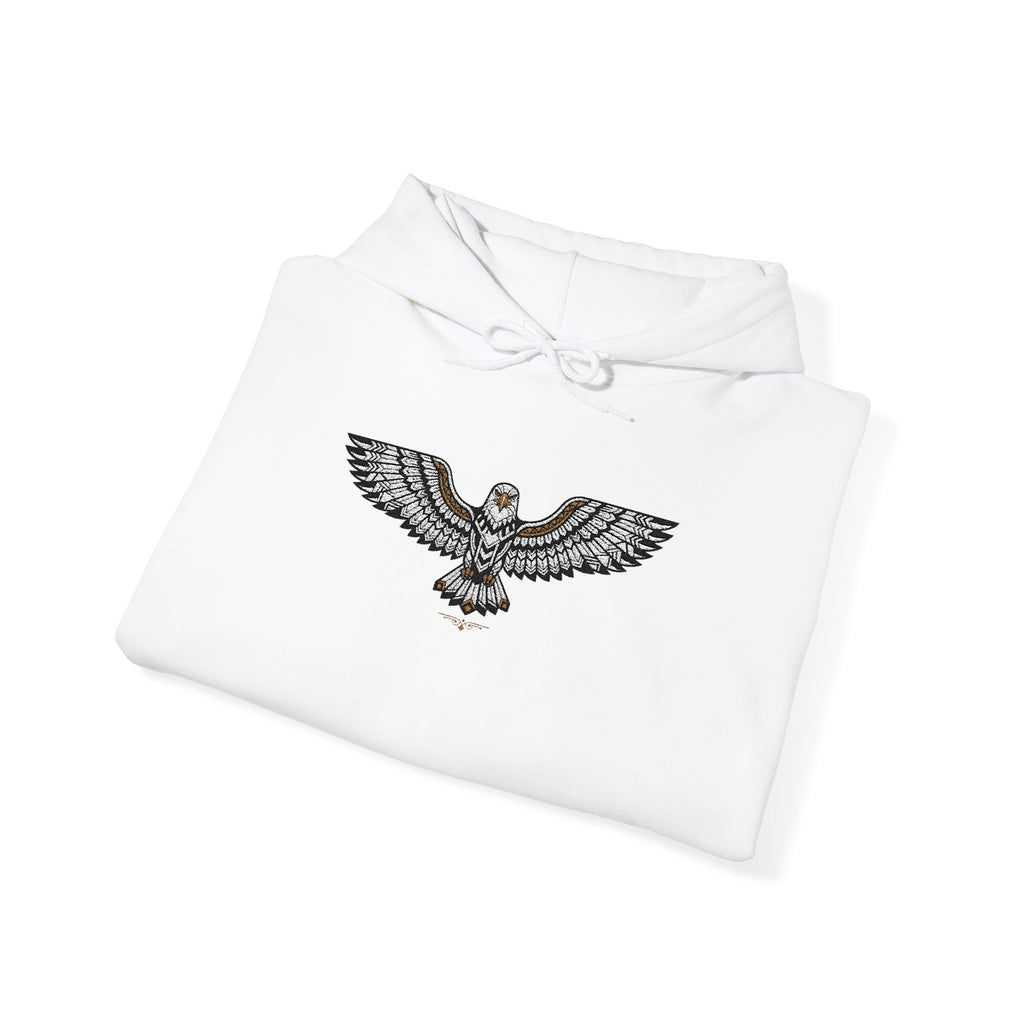 White hoodie folded front view with rhinestone eagle chest graphic