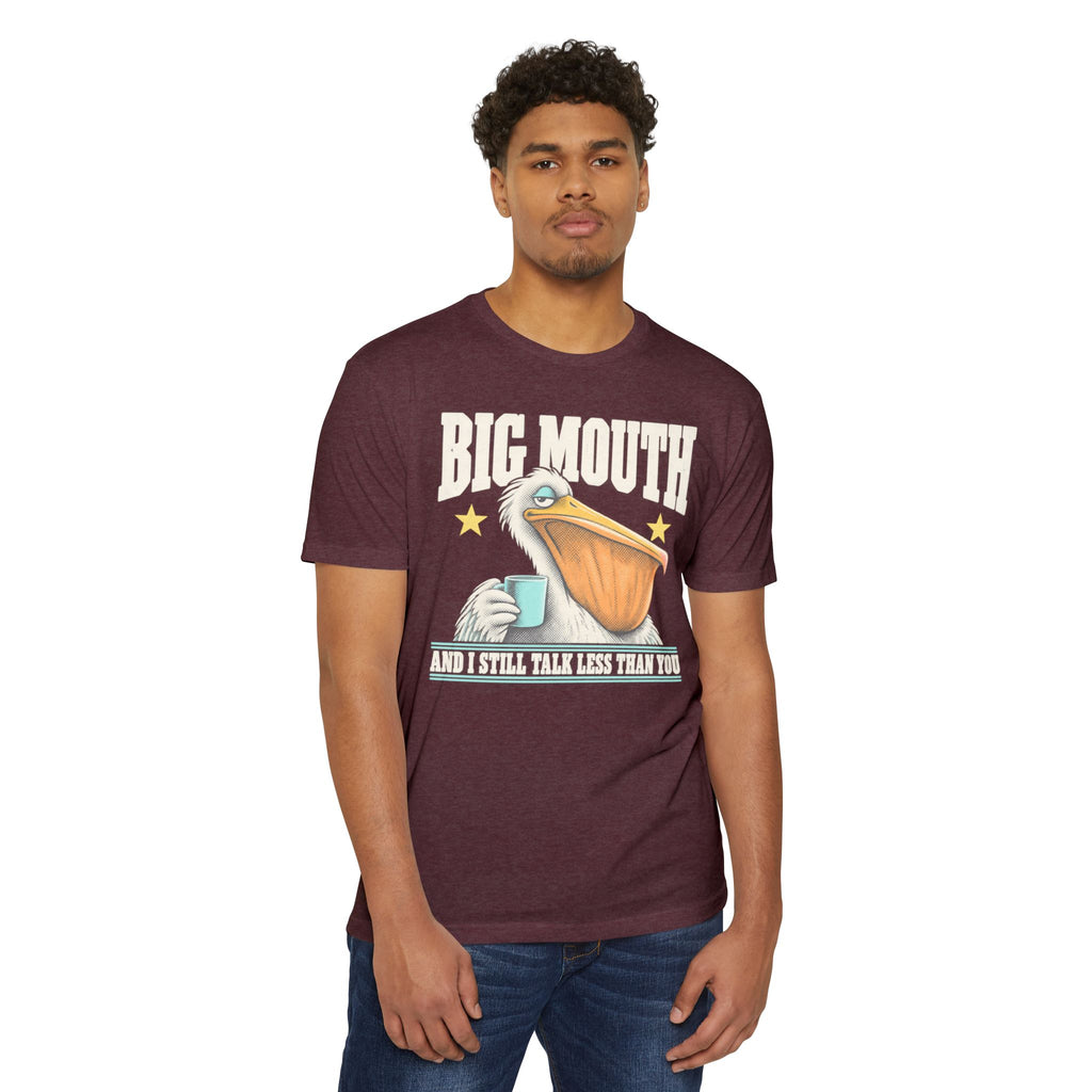 Burgundy T-shirt with front pelican graphic and “BIG MOUTH” lettering