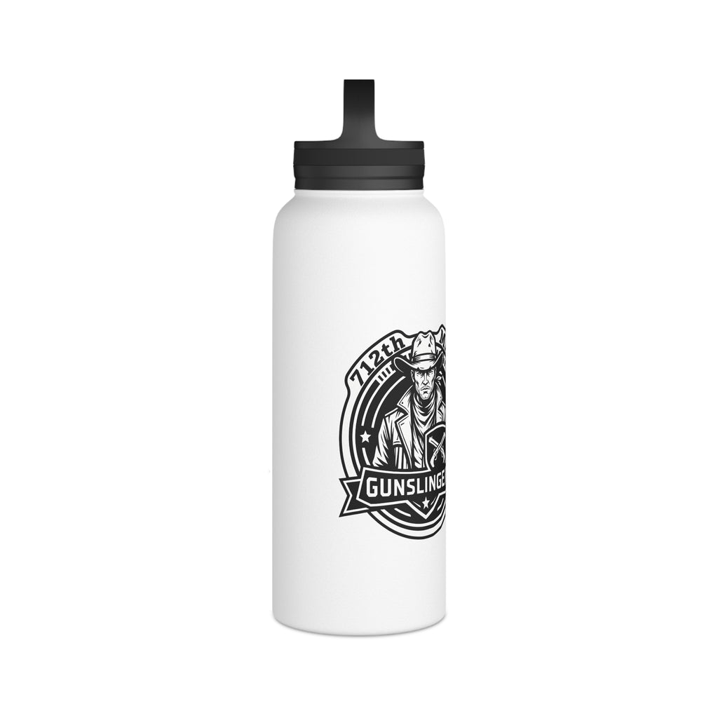 White stainless steel water bottle with black lid and front logo graphic