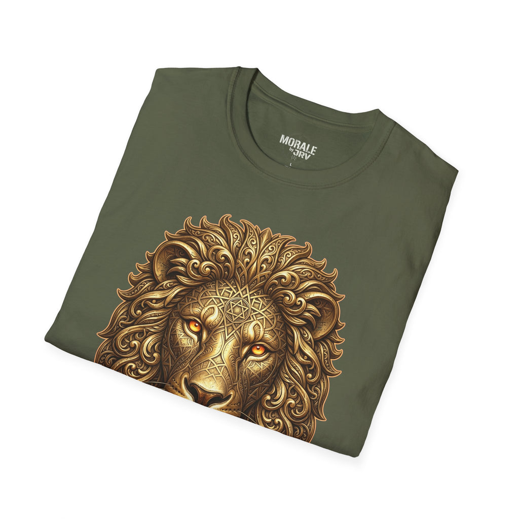Military green t-shirt with ornate golden lion head front graphic